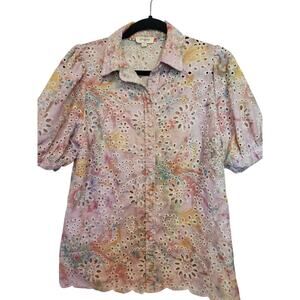 Umgee Pink Floral Eyelet Button Up Blouse Short Sleeve Puff Sleeve Small